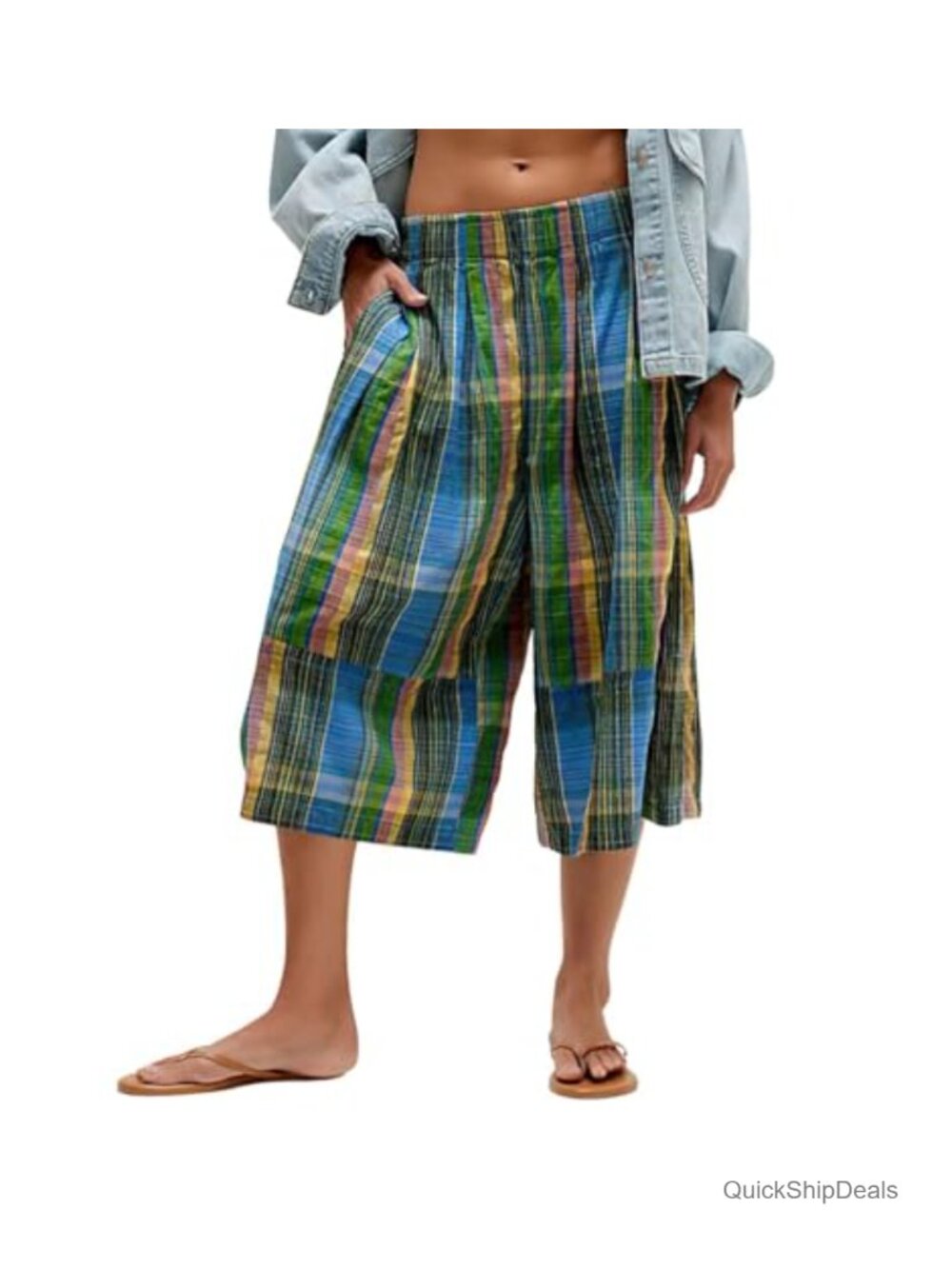 Womens Retro Plaid Wide Leg Cropped Pants Y2k Baggy Culottes Capri Palazzo Pull